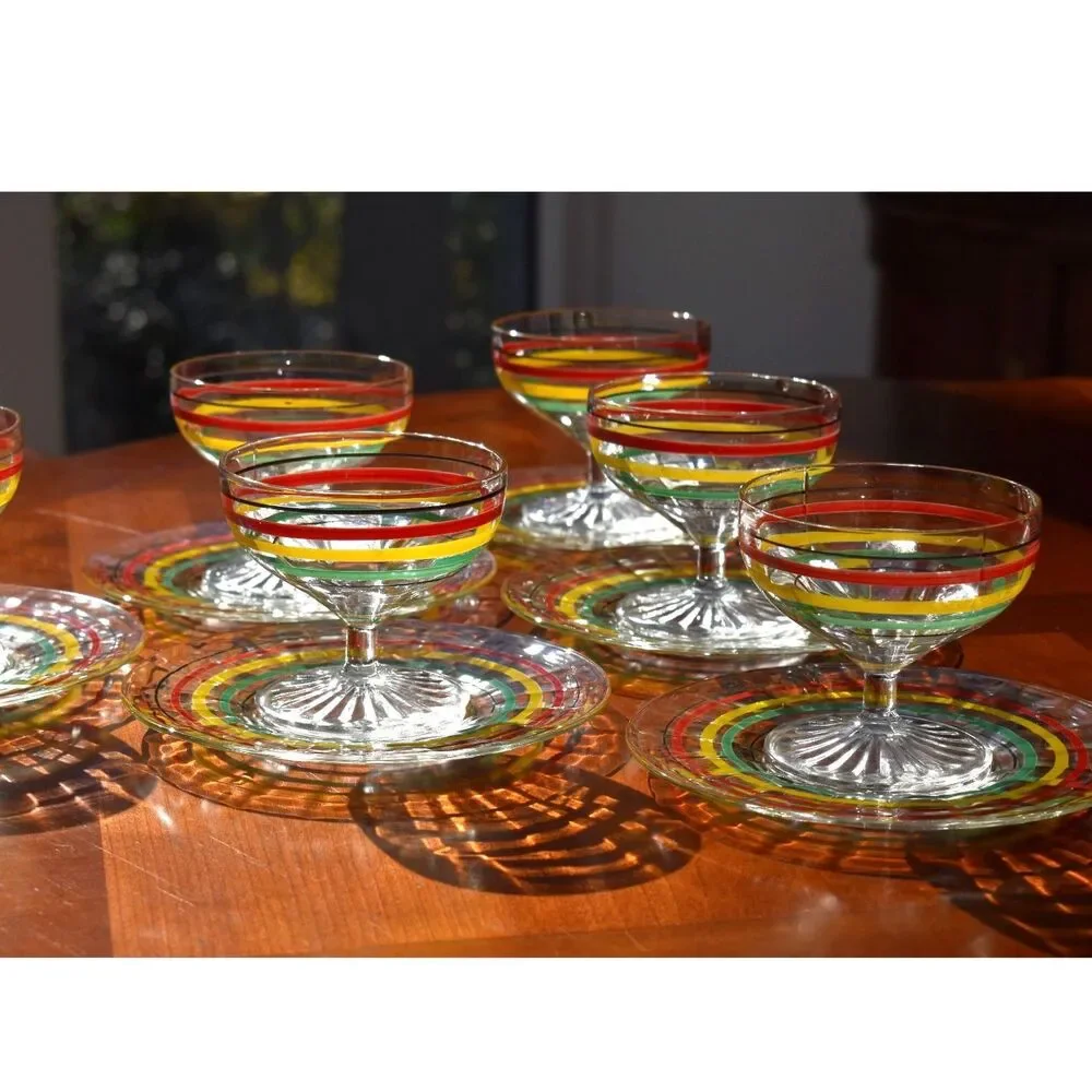 12-Piece Vintage Fiesta Go-Along Glass Set, Red, Yellow, Green, and Black Bands